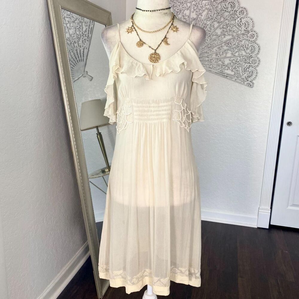 Vintage Saivana Indian Beaded Ivory Sheer Dainty Silk Chiffon Slip Dress S